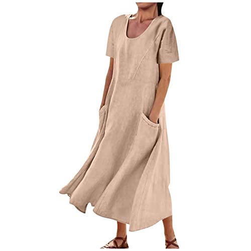 Sommerkleid Damen Leinenkleider Sommer Rundhalsausschnitt Kurzarm Lose Freizeitkleid Boho Langes Kleid Große Größen Damen Maxikleid Strandkleider Einfarbig Leicht Kleid Summer Dress mit Taschen von Wyongtao