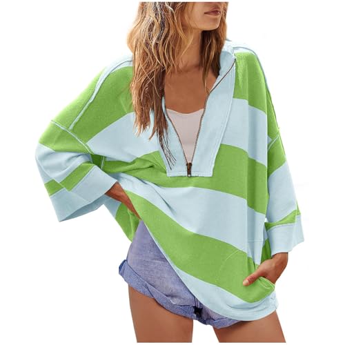 Sweatshirt Damen Übergröße Gestreift V-Ausschnitt Pullover Tops Drop Shoulder Sweatshirts Y2k Tops Lose Passform Casual Blusen Farbe Block Pullover Solid Baggy Tops Frühling Herbst Bluse von Wyongtao