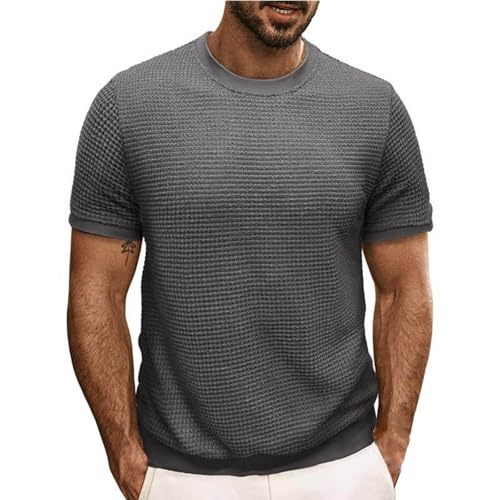 Tshirt Herren Sommer Kurzarm Einfarbiges Freizeit T-Shirt Rundhalsausschnitt Weiches Waffel T-Shirt Herren Basic Slim Fit Oberteile von Wyongtao