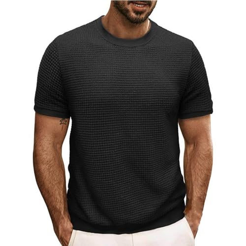 Tshirt Herren Sommer Kurzarm Einfarbiges Freizeit T-Shirt Rundhalsausschnitt Weiches Waffel T-Shirt Herren Basic Slim Fit Oberteile von Wyongtao