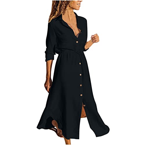 Wyongtao Blusenkleid Damen Leinenkleid Sommer Hemdkleid Lang Sommerkleid Leicht und Luftig Einfarbig Knopfleiste Lange Hemdblusenkleid Kaftan Baggy Cover Up Strandkleid Blusenkleid Frauen von Wyongtao