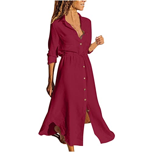 Wyongtao Blusenkleid Damen Leinenkleid Sommer Hemdkleid Lang Sommerkleid Leicht und Luftig Einfarbig Knopfleiste Lange Hemdblusenkleid Kaftan Baggy Cover Up Strandkleid Blusenkleid Frauen von Wyongtao