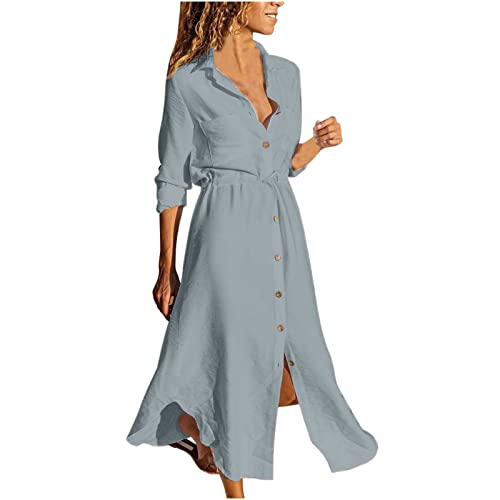 Wyongtao Blusenkleid Damen Leinenkleid Sommer Hemdkleid Lang Sommerkleid Leicht und Luftig Einfarbig Knopfleiste Lange Hemdblusenkleid Kaftan Baggy Cover Up Strandkleid Blusenkleid Frauen von Wyongtao
