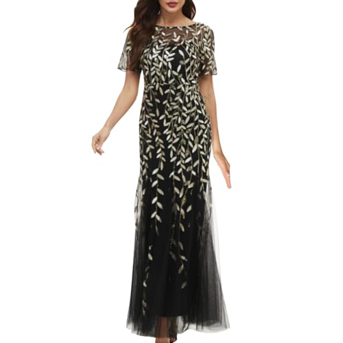 Wyongtao Damen Ballkleid Maxi Lang Abendkleider Elegant für Hochzeit Spitzen Cocktailkeid Paillettenkleid Gold Lang Kleid Elegant Hohe Taille Schulterfrei Maxikleid Partykleid Pailletten Kleid von Wyongtao