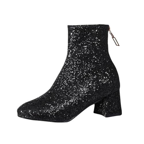 Wyongtao Damen Chunky Heels Ankle Boots Glitzer Stiefeletten mit Blockabsatz und Reißverschluss 6cm Absatz Pailletten Schuhe Stiefeletten mit mittelhohem Blockabsatz Party, Abschlussball von Wyongtao