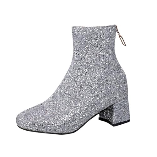 Wyongtao Damen Chunky Heels Ankle Boots Glitzer Stiefeletten mit Blockabsatz und Reißverschluss 6cm Absatz Pailletten Schuhe Stiefeletten mit mittelhohem Blockabsatz Party, Abschlussball von Wyongtao
