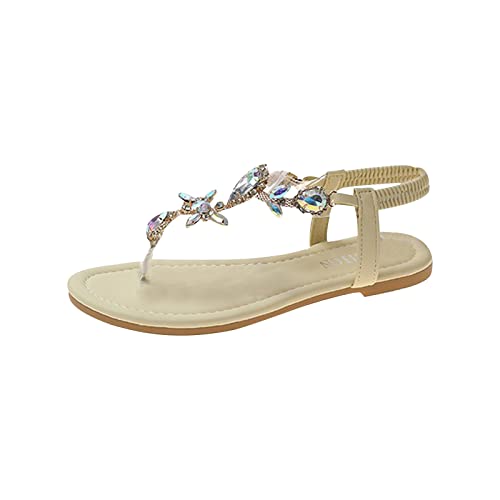 Wyongtao Damen Gladiator Flache Sandalen Sommer Flache Zehentrenner Freizeit Bohemia Flip Flops Elegant Bequeme Strandschuhe mit Riemchen Riemchensandale Freizeitsandale Diamant Riemchen Sandalen von Wyongtao