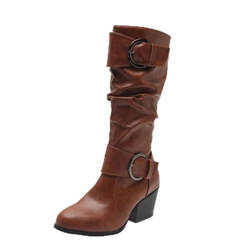 Wyongtao Damen Stiefeletten Biker Boots Stiefel Herbst Winter Frauen Schuhe Schnallen Chelsea Boots Vintage Cowboy Boots Combat Mit Seitlicher Reißverschluss von Wyongtao