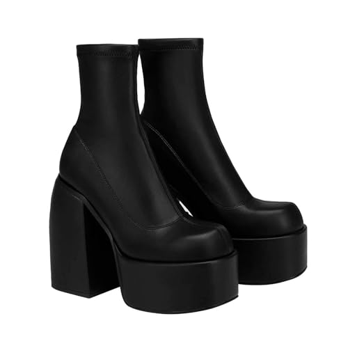 Wyongtao Damen Stiefeletten Plateau Strick Absatz Boots Schlupfstiefel Damen Gummierter Springerstiefel mit Dicker Außensohle Warm Bequem Klassisch Kurzschaft Stiefel Winterstiefel Winter Boots von Wyongtao