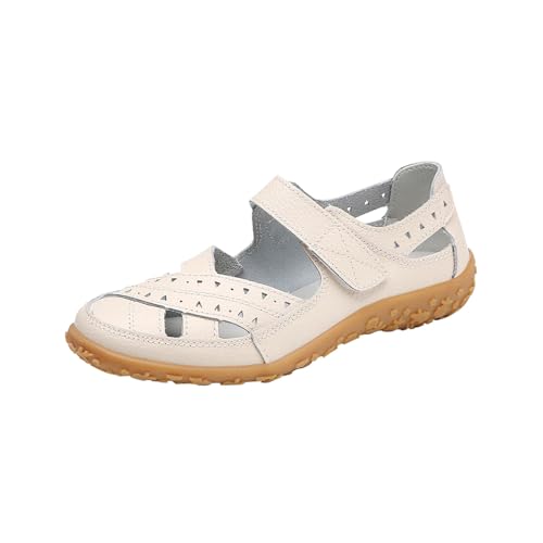 Wyongtao Geschlossene Sandalen Damen Leder Arbeitsschuhe Sommerschuhe Bequeme Mokassins Freizeit Flache Sandaletten Orthopädische Sandalen von Wyongtao