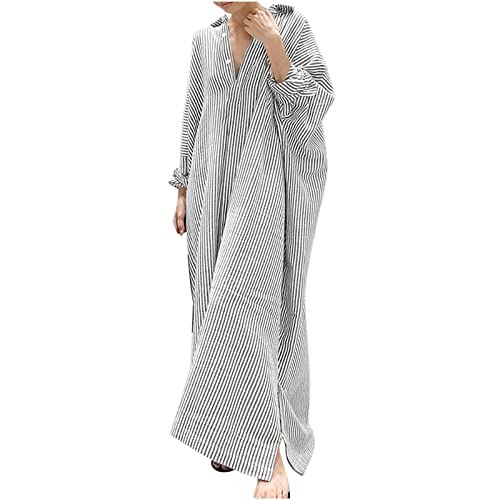 Wyongtao Gestreifte Maxikleider Damen Blusenkleider Kaftan Langes Kleid Baumwolle Leinen Hemdkleid Button Down Übergroße Strandkleider Sommer Lose Lässige Urlaubskleider Langarm Revers Tunikakleider von Wyongtao