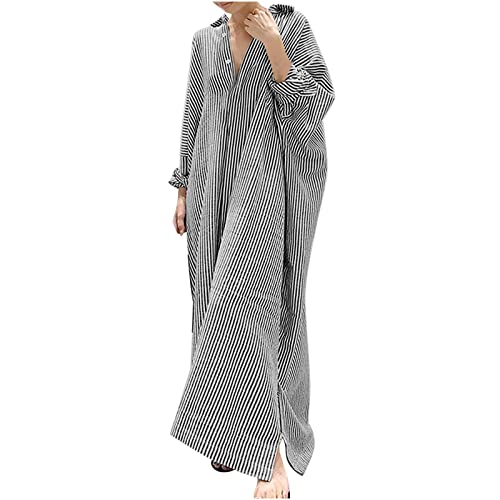 Wyongtao Gestreifte Maxikleider Damen Blusenkleider Kaftan Langes Kleid Baumwolle Leinen Hemdkleid Button Down Übergroße Strandkleider Sommer Lose Lässige Urlaubskleider Langarm Revers Tunikakleider von Wyongtao