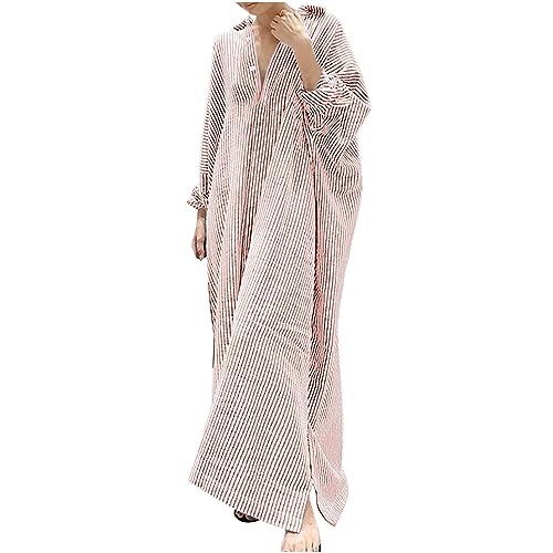 Wyongtao Gestreifte Maxikleider Damen Blusenkleider Kaftan Langes Kleid Baumwolle Leinen Hemdkleid Button Down Übergroße Strandkleider Sommer Lose Lässige Urlaubskleider Langarm Revers Tunikakleider von Wyongtao