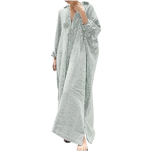 Wyongtao Gestreifte Maxikleider Damen Blusenkleider Kaftan Langes Kleid Baumwolle Leinen Hemdkleid Button Down Übergroße Strandkleider Sommer Lose Lässige Urlaubskleider Langarm Revers Tunikakleider von Wyongtao