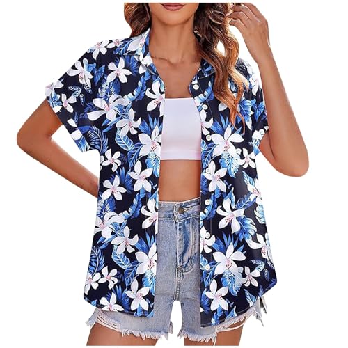 Wyongtao Hawaii Hemd Damen Kurzarm Blusen Floral Tropical Print Sommer Hemden V-Ausschnitt Button Down Bluse Lässig Büro Arbeit Oberteile Für Damen Elegante Lose Fit Tunika Top von Wyongtao