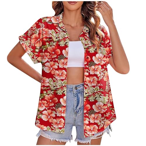 Wyongtao Hawaii Hemd Damen Kurzarm Blusen Floral Tropical Print Sommer Hemden V-Ausschnitt Button Down Bluse Lässig Büro Arbeit Oberteile Für Damen Elegante Lose Fit Tunika Top von Wyongtao