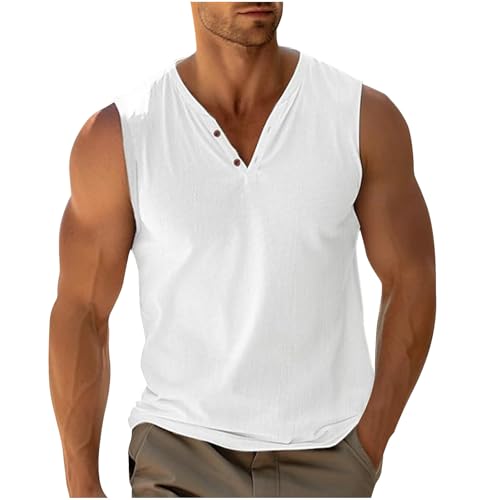 Wyongtao Herren Sommer Leinen Tanktop Ärmellose V-Ausschnitt Unterhemd Locker Geschnittenes Sport Workout Tanktop Atmungsaktives Schnelltrocknendes Muskelshirt Bodybuilding Tanktops von Wyongtao