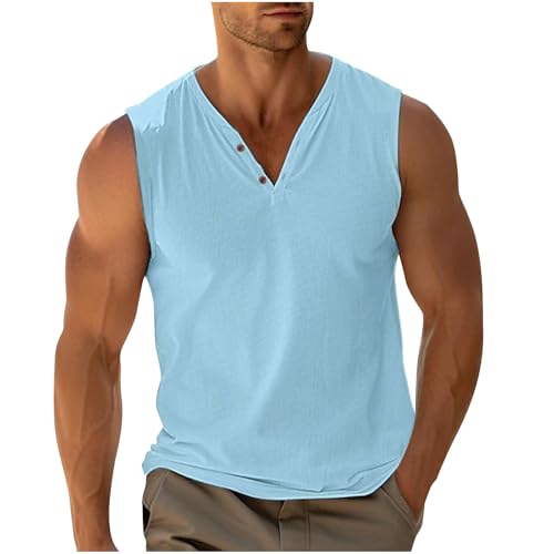 Wyongtao Herren Sommer Leinen Tanktop Ärmellose V-Ausschnitt Unterhemd Locker Geschnittenes Sport Workout Tanktop Atmungsaktives Schnelltrocknendes Muskelshirt Bodybuilding Tanktops von Wyongtao