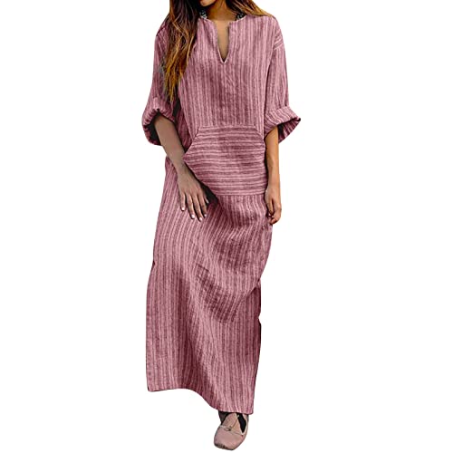 Wyongtao Leinenkleid Damen Gestreiftes Maxikleid Leinenkleid Damen Große Größen Sommer Midikleid Casual Beach Dress Leinen Kleid V-Ausschnitt Langarm Tunika Kleider 3/4 Ärmel Kleid von Wyongtao