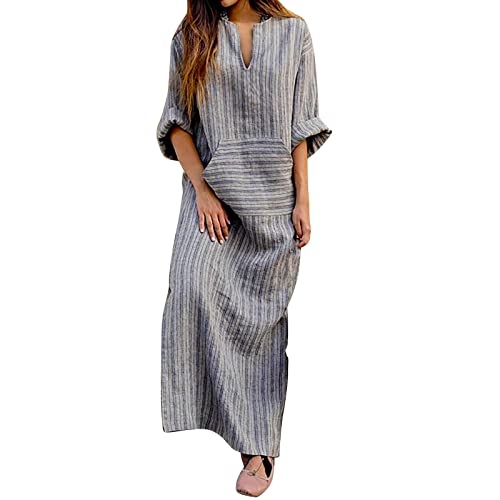 Wyongtao Leinenkleid Damen Gestreiftes Maxikleid Leinenkleid Damen Große Größen Sommer Midikleid Casual Beach Dress Leinen Kleid V-Ausschnitt Langarm Tunika Kleider 3/4 Ärmel Kleid von Wyongtao