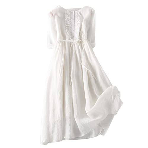 Wyongtao Maxikleider Damen Leinenkleid Langärmelige Button Down Blusenkleid Hemden Kleider Tunika Strandkleider Lose Lange Sommerkleider Revers Büro Casual Tunikakleider von Wyongtao