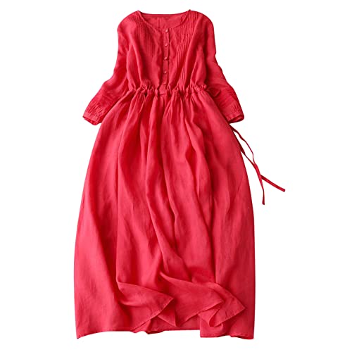 Wyongtao Maxikleider Damen Leinenkleid Langärmelige Button Down Blusenkleid Hemden Kleider Tunika Strandkleider Lose Lange Sommerkleider Revers Büro Casual Tunikakleider von Wyongtao