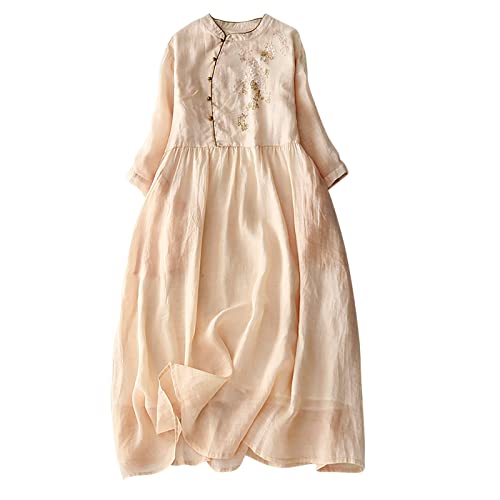 Wyongtao Maxikleider Damen Leinenkleid Langärmelige Button Down Blusenkleid Hemden Kleider Tunika Strandkleider Lose Lange Sommerkleider Revers Büro Casual Tunikakleider von Wyongtao