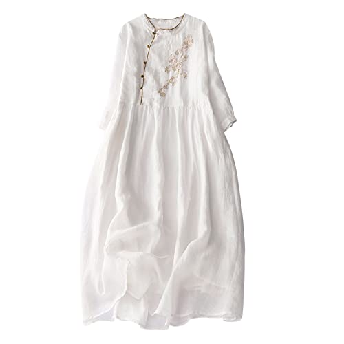 Wyongtao Maxikleider Damen Leinenkleid Langärmelige Button Down Blusenkleid Hemden Kleider Tunika Strandkleider Lose Lange Sommerkleider Revers Büro Casual Tunikakleider von Wyongtao