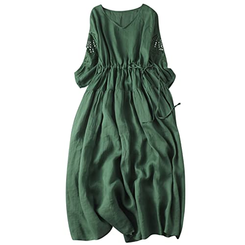 Wyongtao Maxikleider Damen Leinenkleid Langärmelige Button Down Blusenkleid Hemden Kleider Tunika Strandkleider Lose Lange Sommerkleider Revers Büro Casual Tunikakleider von Wyongtao