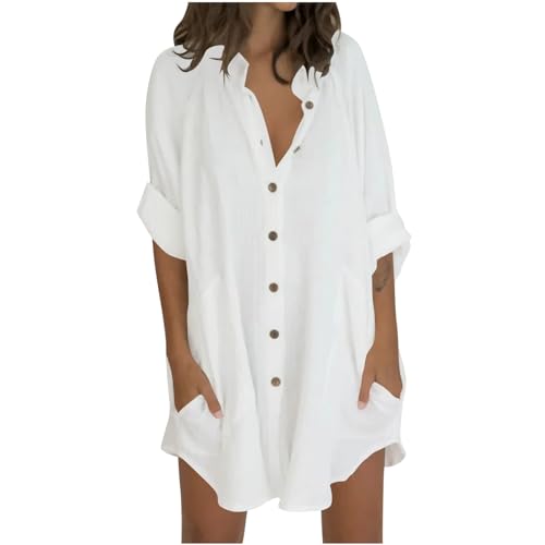 Wyongtao Musselin Bluse Damen Elegant Baumwolle Oversize Longbluse Langarm Modern Oberteile Hemd Lose Langarmshirt Blusenshirt Hemdbluse Tuniken Tops Sommer Longbluse Leinenbluse Business Oberteile von Wyongtao