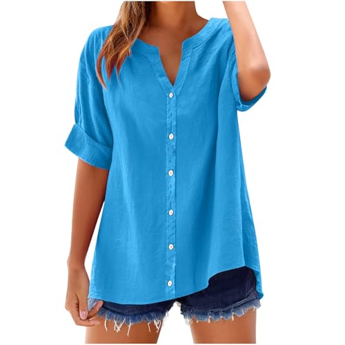 Wyongtao Musselin Bluse Damen Elegant Tuniken Sommer Kurzarm V-Ausschnitt Knöpfen Hemdbluse Elegante Baumwoll Leinen Oberteile Oversized Tshirt Damen Kurzarm Langes Blusen Große Größe S-5XL von Wyongtao