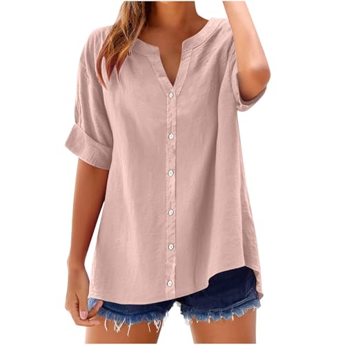 Wyongtao Musselin Bluse Damen Elegant Tuniken Sommer Kurzarm V-Ausschnitt Knöpfen Hemdbluse Elegante Baumwoll Leinen Oberteile Oversized Tshirt Damen Kurzarm Langes Blusen Große Größe S-5XL von Wyongtao