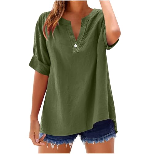 Wyongtao Musselin Bluse Damen Elegant Tuniken Sommer Kurzarm V-Ausschnitt Knöpfen Hemdbluse Elegante Baumwoll Leinen Oberteile Oversized Tshirt Damen Kurzarm Langes Blusen Große Größe S-5XL von Wyongtao
