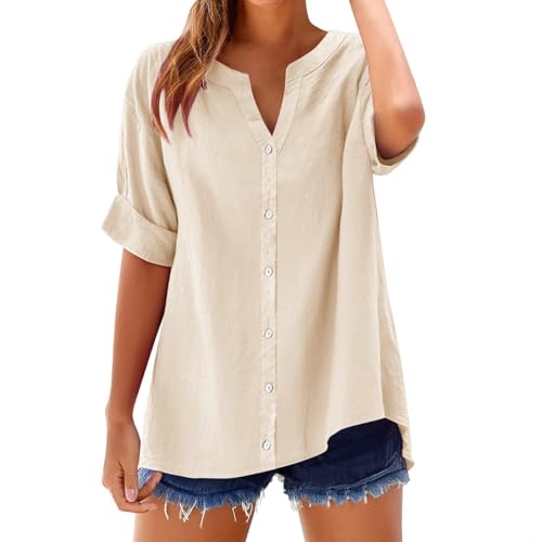 Wyongtao Musselin Bluse Damen Elegant Tuniken Sommer Kurzarm V-Ausschnitt Knöpfen Hemdbluse Elegante Baumwoll Leinen Oberteile Oversized Tshirt Damen Kurzarm Langes Blusen Große Größe S-5XL von Wyongtao
