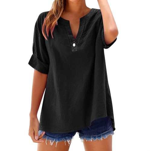 Wyongtao Musselin Bluse Damen Elegant Tuniken Sommer Kurzarm V-Ausschnitt Knöpfen Hemdbluse Elegante Baumwoll Leinen Oberteile Oversized Tshirt Damen Kurzarm Langes Blusen Große Größe S-5XL von Wyongtao