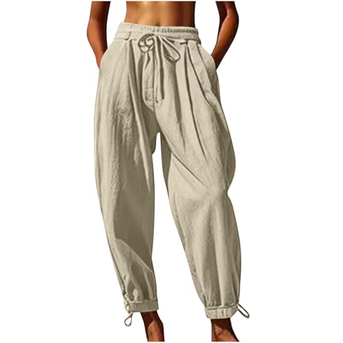 Wyongtao Musselin Hose Damen Leinen Hosen Damen Sommer Leichte Baggy Baumwolle Sommerhose Elastischer Bund Weitem Bein Hosen Lässige Jogginghose mit Kordelzug und Tasche Palazzo Hose von Wyongtao