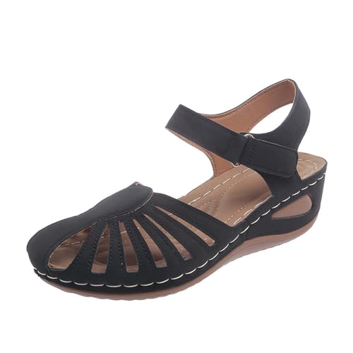 Wyongtao Orthopädische Schuhe Damen Trekkingsandalen Sommer Geschlossene Zehe Sandalen Rutschfeste Wedge Round Toe Schuhe PU-Leder Pantoffeln Gummi Plateau Pantoffeln Freizeit von Wyongtao