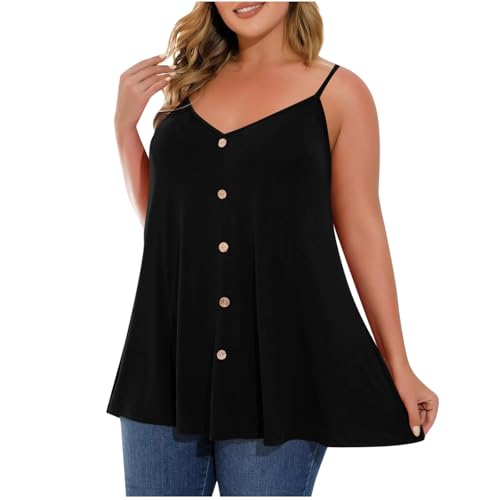 Wyongtao Oversized Tank Top Damen 2025 Spaghettiträger Tank Top Lässiges ärmelloses einfarbiges Damen Camisole V-Ausschnitt Knöpfen Bluse Sommer Klassisches Lockeres Cami Oberteile von Wyongtao