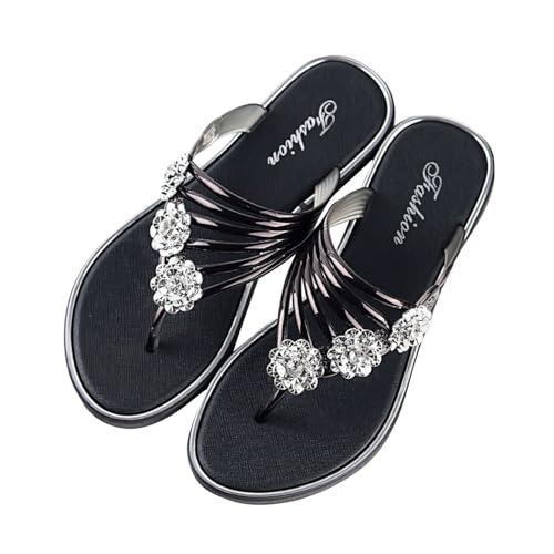 Wyongtao Sommer Sandalen Flach Flip Flops Damen Flach Zehentrenner Glitzer Strasssteine Sandaletten Pool Meer Strand Outdoor Sommerschuhe Elegant Flache Strass Böhmischer Frauen Sandalen von Wyongtao