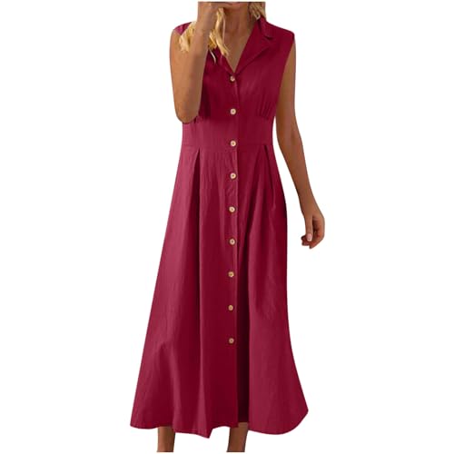 Wyongtao Sommerkleid Damen Lang Leinenkleid Hemdblusenkleid mit Knopfleiste V-Ausschnitt Lange Baumwolle Leinen Kleider Einfarbiges Ärmelloses Weites Sommerkleid Kaftan Kleid von Wyongtao