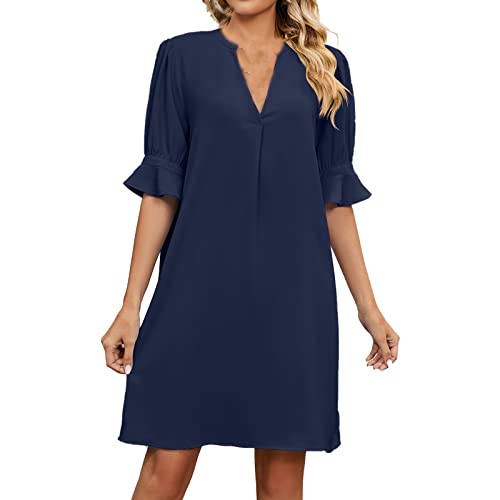 Wyongtao Sommerkleid Damen Musselin Kleid Damen Sommer V-Ausschnitt Luftige Tunika Kleid Einfarbige mit Knöpfen Lässiges Kurzarm Sommerkleid Leicht Musselin Bluse Kleid Boho Strandkleider Kleid 2024 von Wyongtao