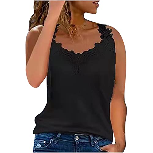 Wyongtao Tank Top Damen Elegant Baumwoll V-Ausschnitt Florales Spitzen Camisole Breiten Trägern Ärmelloses Tanktop Sommer Lässiges Strand Bluse Elegante Cami T-Shirt Damen von Wyongtao
