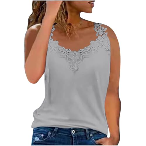 Wyongtao Tank Top Damen Elegant Baumwoll V-Ausschnitt Florales Spitzen Camisole Breiten Trägern Ärmelloses Tanktop Sommer Lässiges Strand Bluse Elegante Cami T-Shirt Damen von Wyongtao