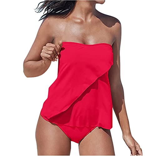 Wyongtao Tankini Damen Bandeau Bauchweg Bademode Set Zweiteilig Push up mit Einstellbarer Badeanzug Oberteil Bikini Set Große Größen Strand Schwimmanzug Damen Tankini Sets Bauchweg Bademode Set von Wyongtao