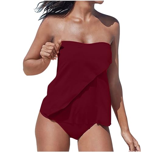 Wyongtao Tankini Damen Bandeau Bauchweg Bademode Set Zweiteilig Push up mit Einstellbarer Badeanzug Oberteil Bikini Set Große Größen Strand Schwimmanzug Damen Tankini Sets Bauchweg Bademode Set von Wyongtao