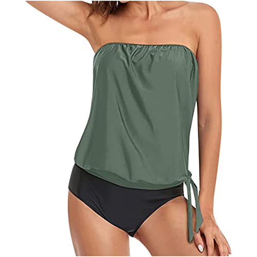 Wyongtao Trägerloses Tankini für Damen Bademode Top Bandeau-Badeanzug Bauchweg Bademode Set Zweiteilig Push up mit Einstellbarer Badeanzug Oberteil Bikini Set Schwimmanzug von Wyongtao