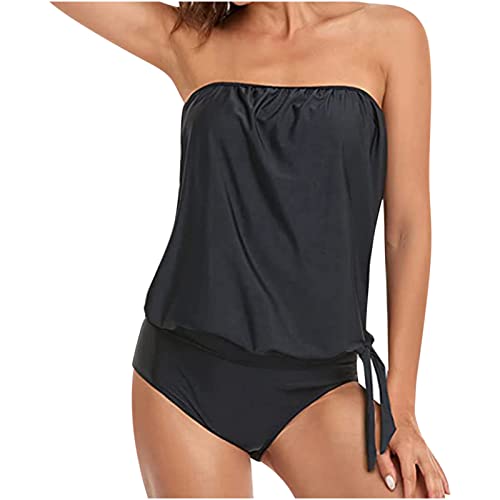Wyongtao Trägerloses Tankini für Damen Bademode Top Bandeau-Badeanzug Bauchweg Bademode Set Zweiteilig Push up mit Einstellbarer Badeanzug Oberteil Bikini Set Schwimmanzug von Wyongtao