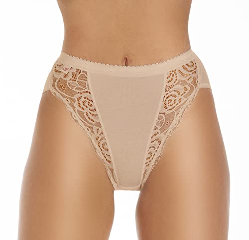 Damen-Slips, Baumwolle, Stretch, hoher Beinschnitt, Spitze, 3er-Pack, beige, 38 von Wysteria Lane