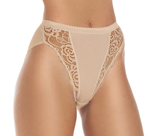 Damen-Slips, Baumwolle, Stretch, hoher Beinschnitt, Spitze, 3er-Pack, beige, 40 von Wysteria Lane