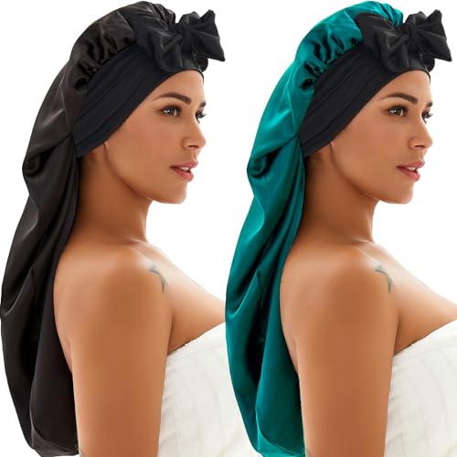 Seidenhaube zum Schlafen, geflochtene Satinhaube mit Bindeband, Schlafmütze für Damen und Herren, langes lockiges Haar, Schwarz (2 Stück, Schwarz und Blaugrün) von Wzl Wlg
